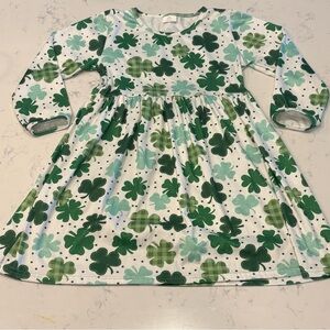 Girls Shamrock Print Long Sleeve Dress - Green & White